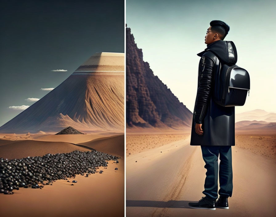 Person in black leather jacket and jeans gazes at surreal desert split in two scenes with pyramid and rocky