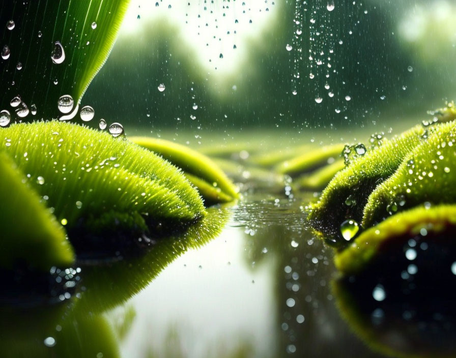 Water Droplets on Green Leaves Reflected in Water with Blurred Window Background