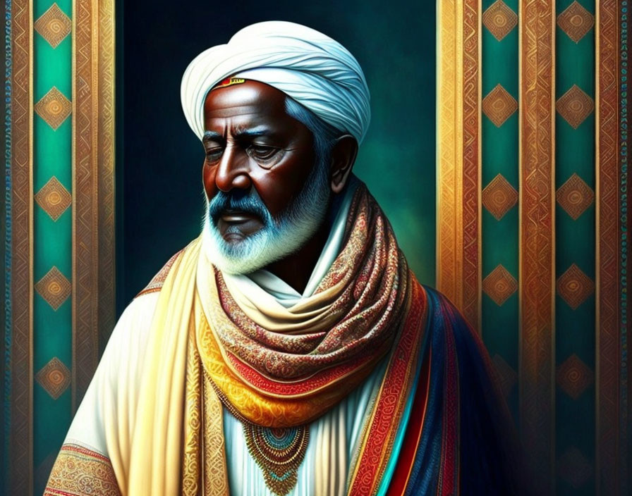 Serene elderly man in white turban and ornate robes on teal background