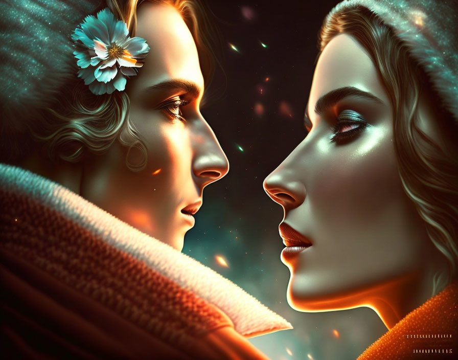 Illustrated profile faces in cosmic setting with warm lighting and soft details