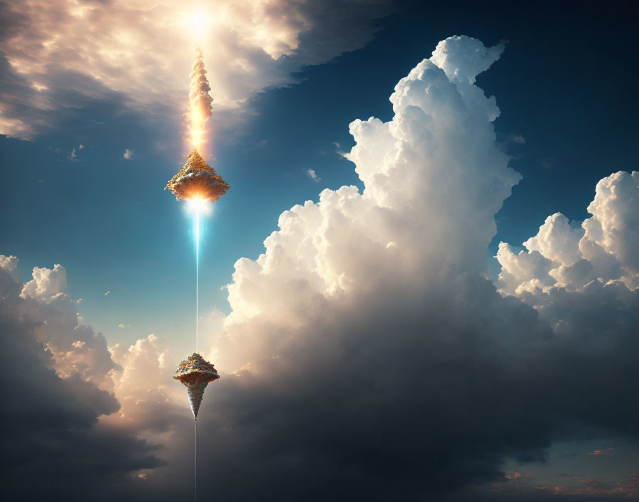 Fantastical image of floating islands connected by light beam amidst dramatic sky