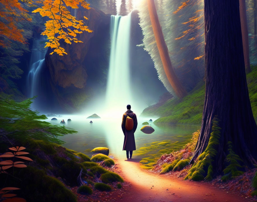 Person in Yellow Cloak Observing Waterfall in Autumn Forest