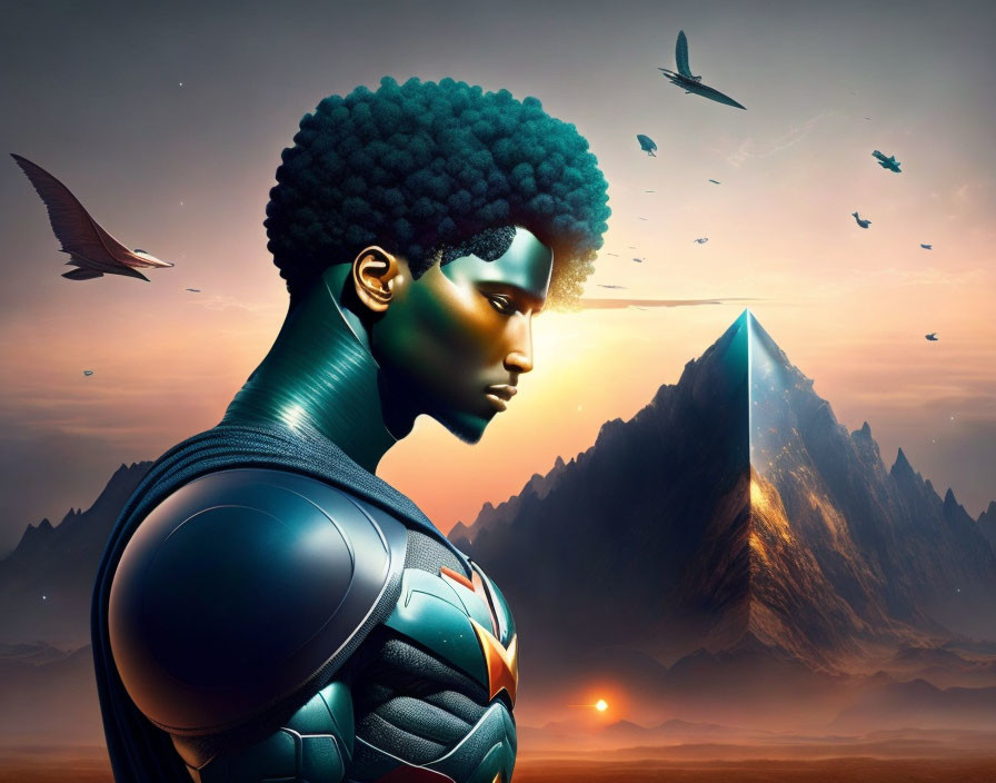 Stylized male figure with afro in fantasy landscape with birds, pyramid mountain, sunset