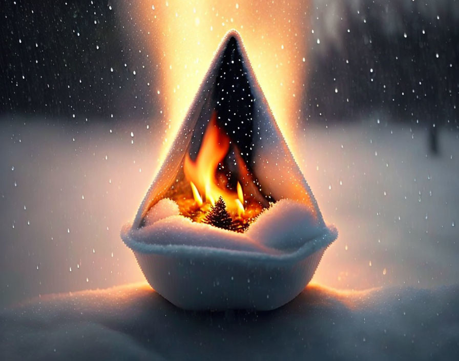 Snow-covered campfire under twilight sky with drifting snowflakes