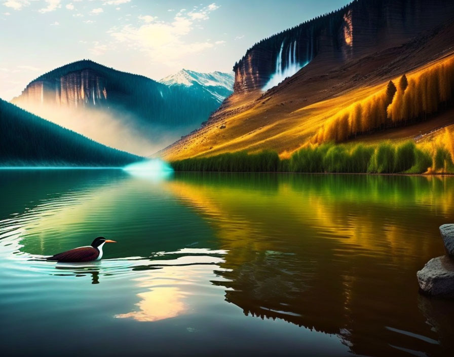 Tranquil lake with mountain reflection, sunlit grass, bird, and misty waterfalls