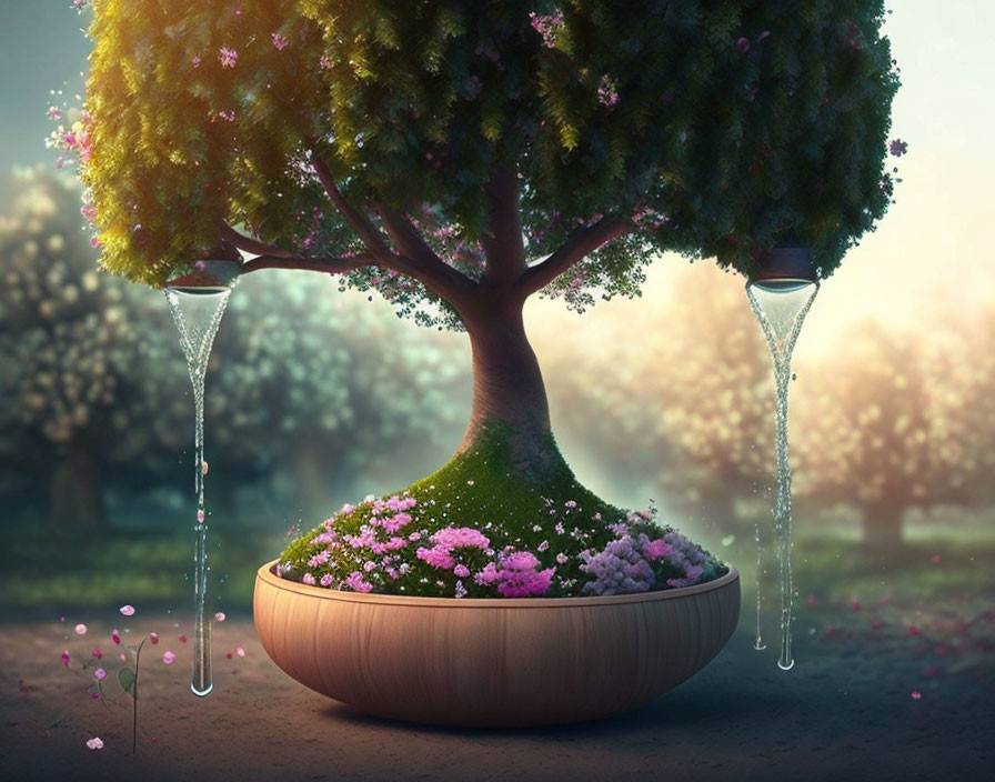 Surreal image of tree in hourglass with flowers in ethereal orchard