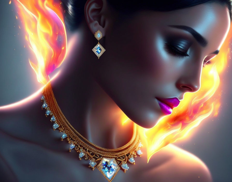 Digital artwork featuring woman with glowing skin, gold and blue jewelry