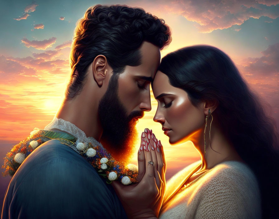 Digital artwork: Man and woman profile touching foreheads with sunset glow background