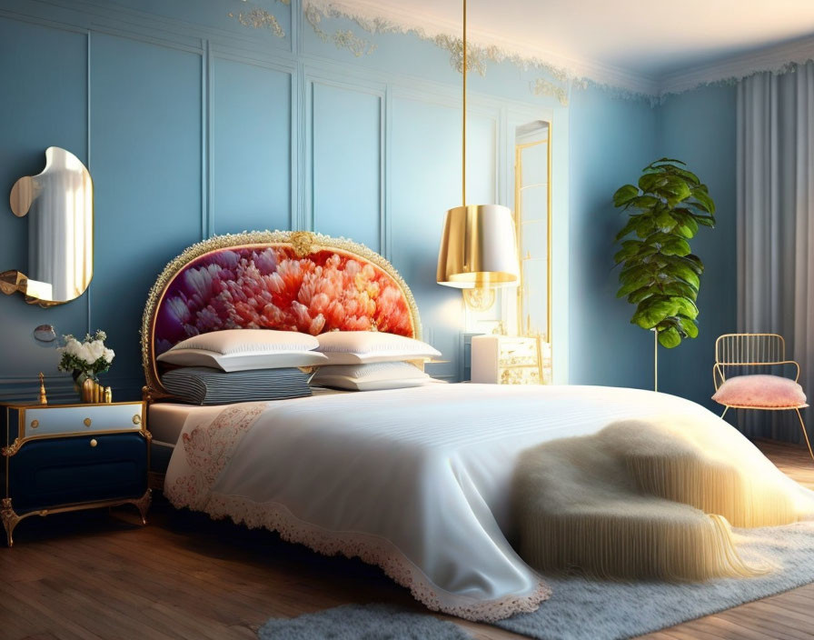 Floral headboard, blue walls, gold accents bedroom decor.