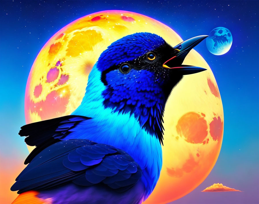 Colorful Blue Bird with Open Beak on Fantasy Moonlit Sky