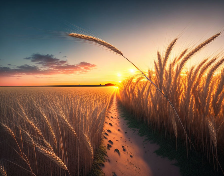 Golden sunset over vast wheat field with prominent stalk bending towards sunlit path.