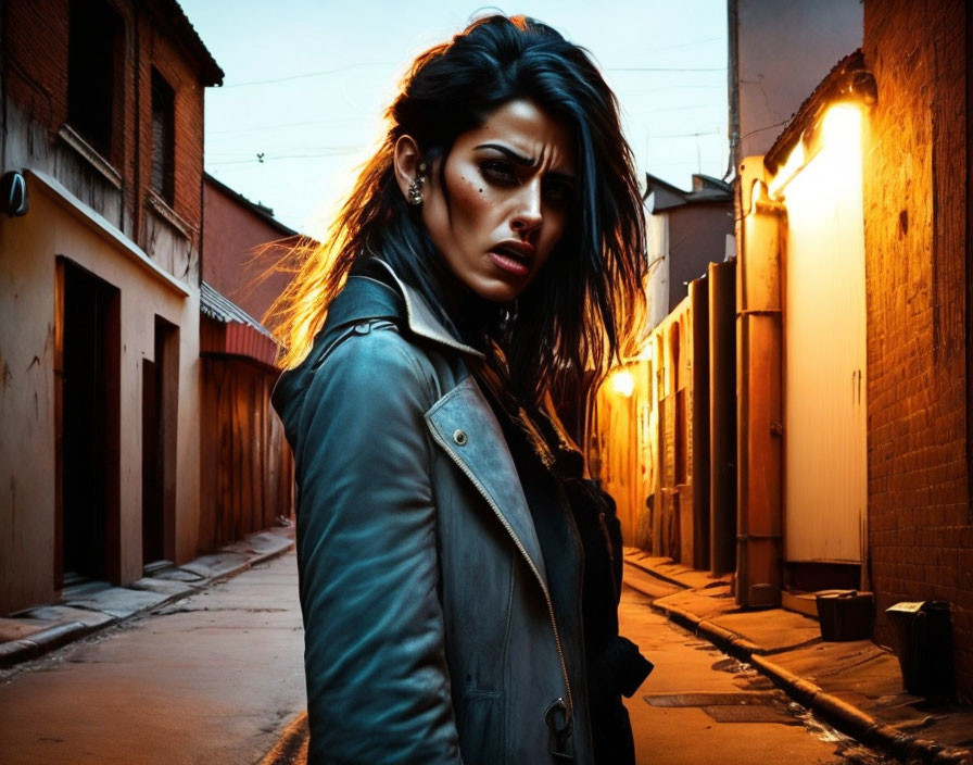 Woman in Leather Jacket Standing in Narrow Alley at Sunset