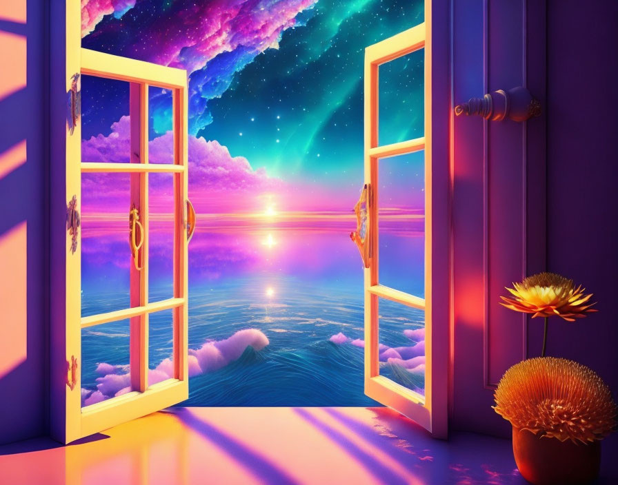 Surreal landscape with cosmic sky, ocean sunset, and radiant flowers.