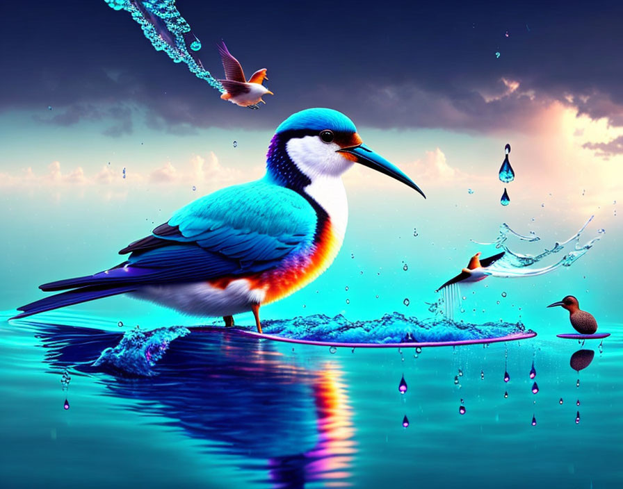 Colorful Kingfisher Artwork with Splashing Fish in Surreal Setting