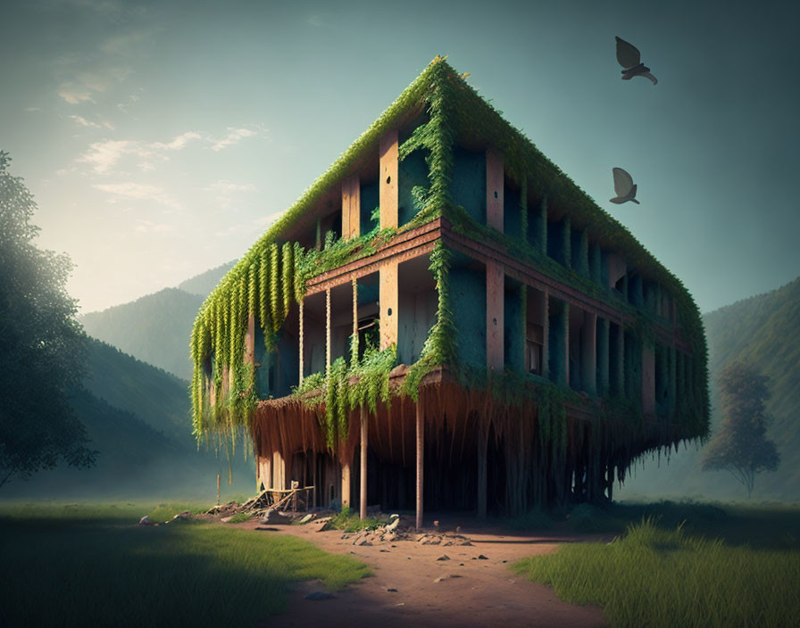 Abandoned building overtaken by greenery in tranquil valley surrounded by hills under hazy sky