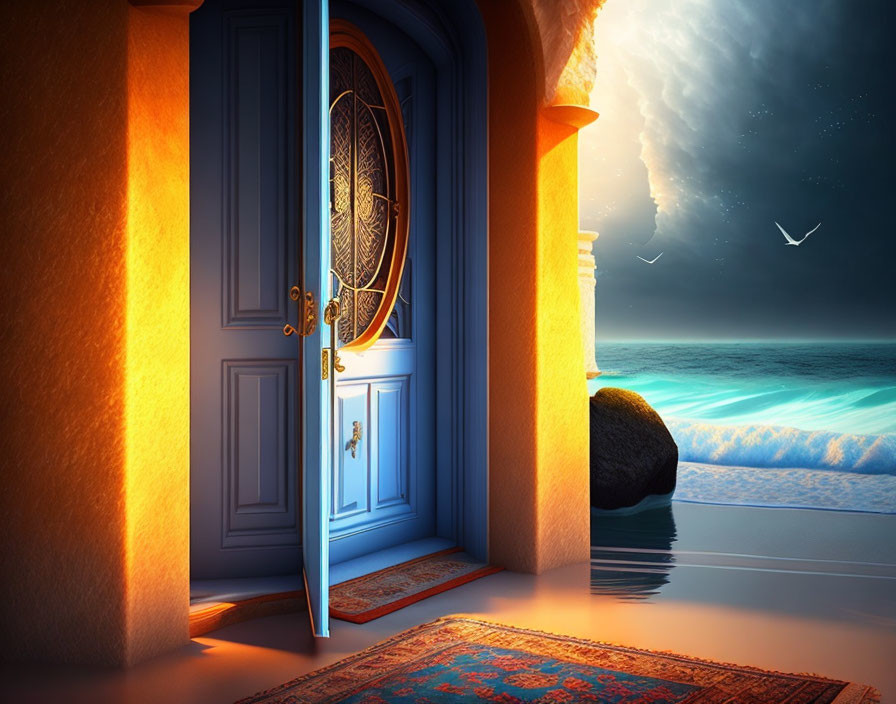 Open door revealing serene beach at dusk or dawn