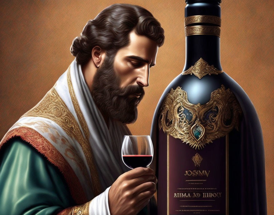 Bearded nobleman in toga with wine glass and "JOSMY" bottle