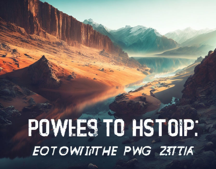 Scenic landscape with mountains, river, and bold text overlay