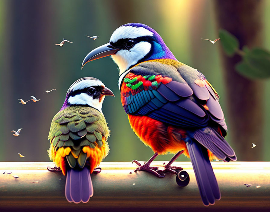 Colorful Stylized Birds Perched on Branch with Flying Insects