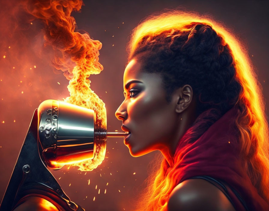 Fiery-haired woman profile blowing megaphone flames.