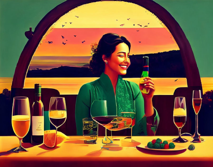 Woman smiling with beer glass at table with wine glasses, food, sunset, and birds.