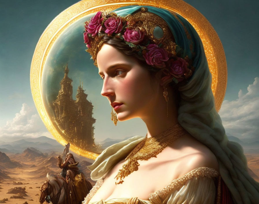 Fantastical portrait of woman with globe headdress and desert castle scenery