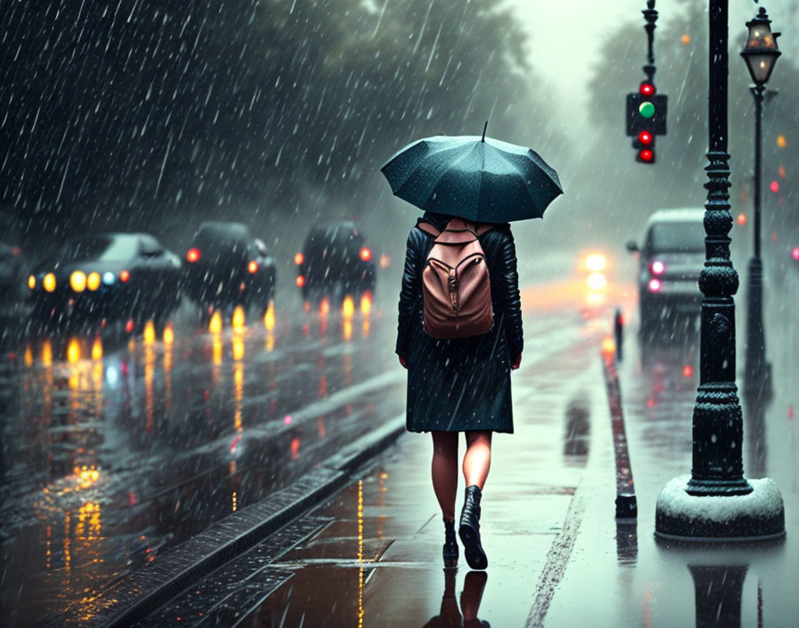 Pedestrian with backpack under umbrella on rainy city street with traffic lights and cars.