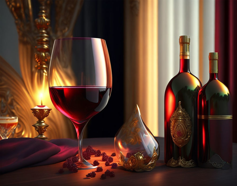 Elegant red wine glass with bottles, grapes, and candle on table