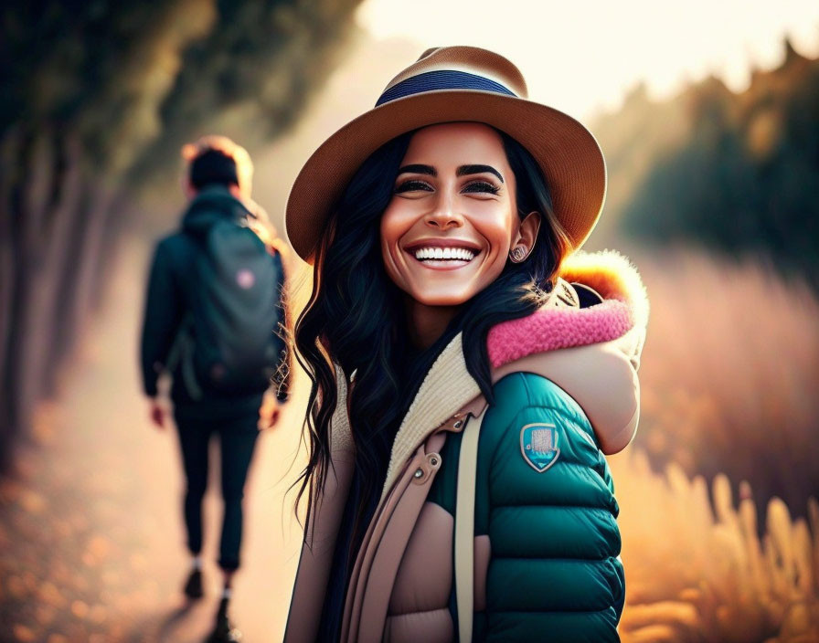 Smiling woman in hat on sunlit path with blurred figure walking away