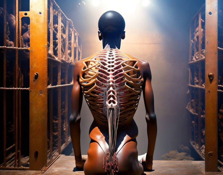 Person with skeletal structure painted on back kneeling by lockers under dramatic lighting