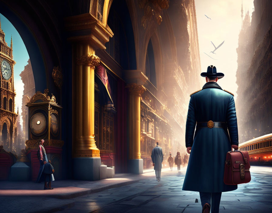 Person in coat and hat walking towards sunlit train platform with ornate architecture and opulent clock.