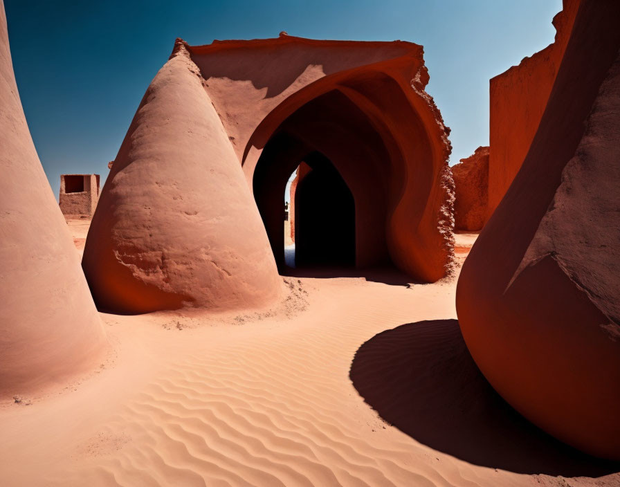 Desert adobe structures under sunlight with arched entryway and rippled sand