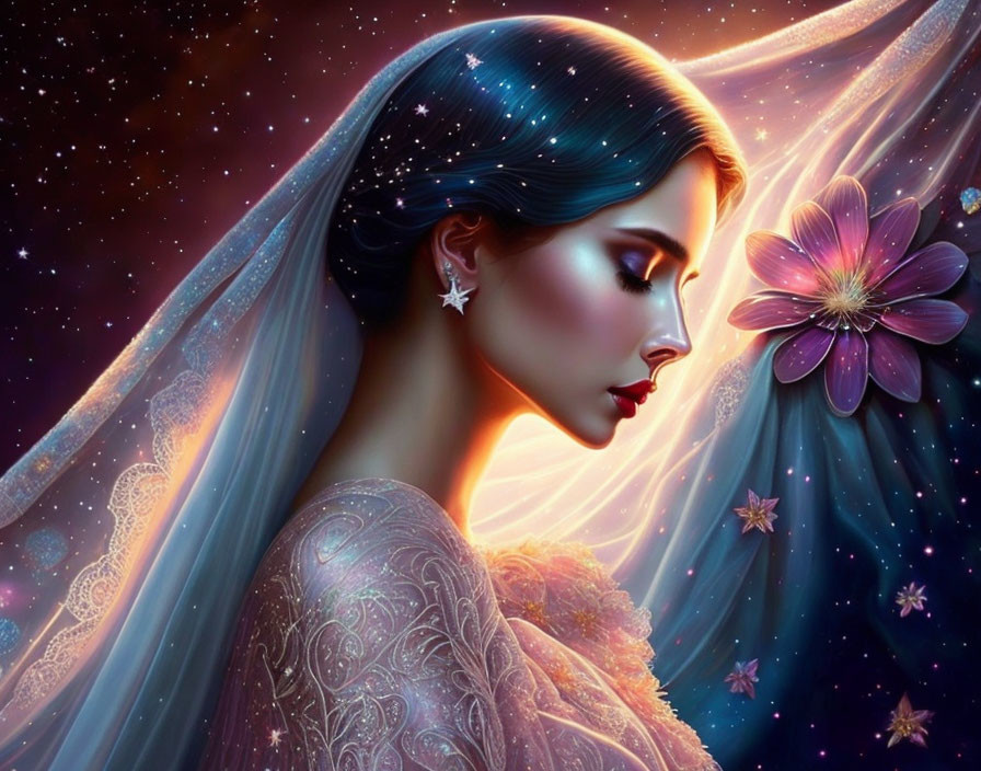 Profile portrait of woman with blue hair merging into starry night sky, wearing gossamer shawl