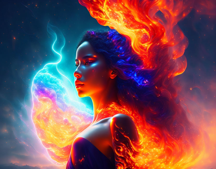 Vibrant digital artwork: Woman with fiery hair in cosmic scene