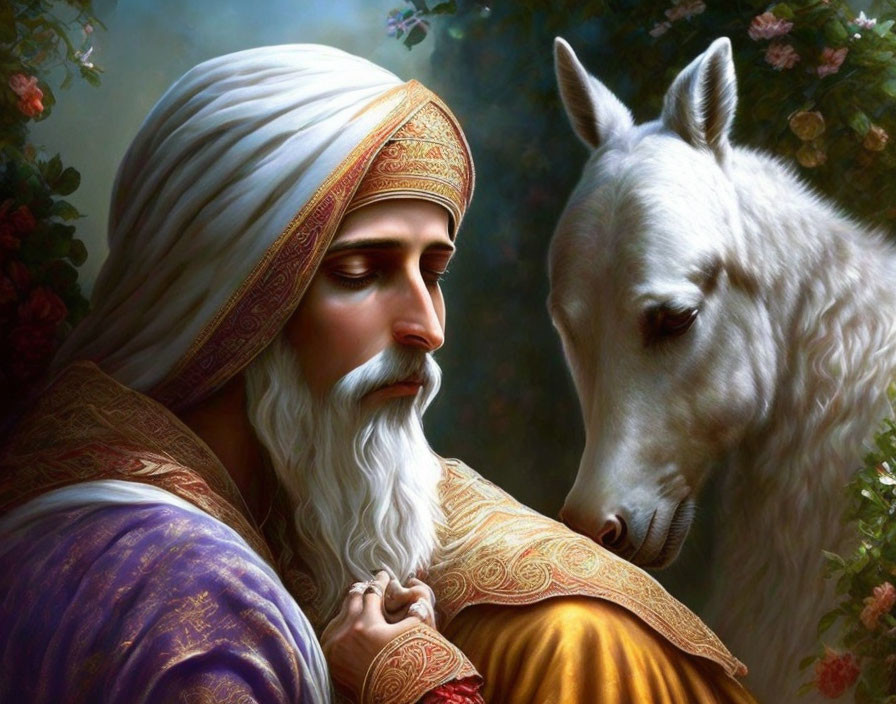 Man in Turban Caresses White Horse in Floral Setting