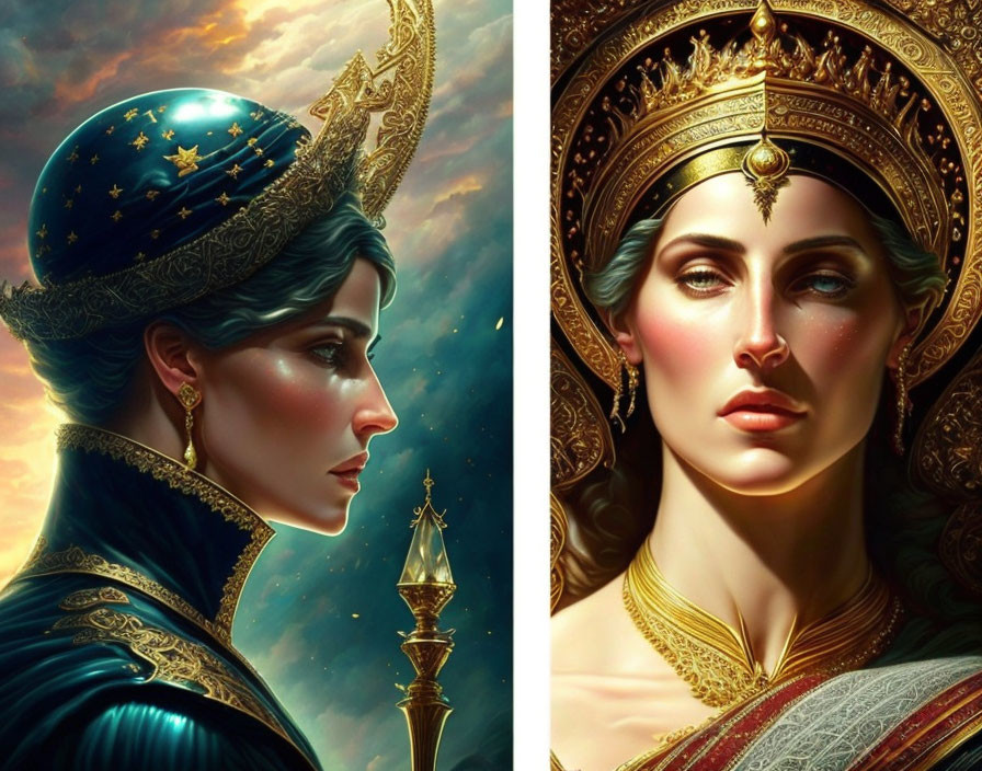 Regal woman portraits with ornate crowns in realistic digital painting style