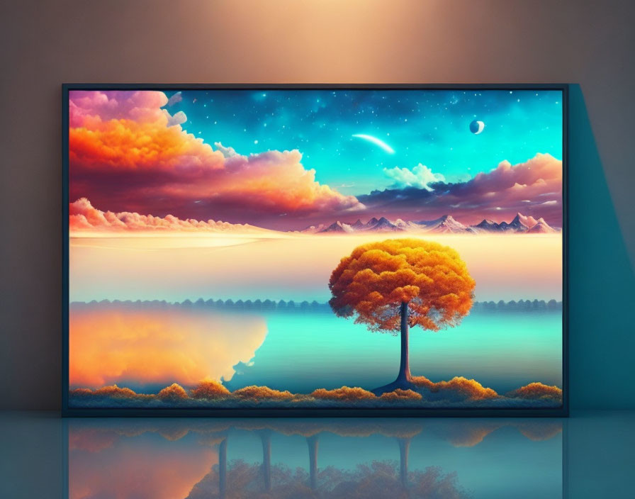 Digital artwork of surreal landscape with tree, water, clouds, mountains, starry sky