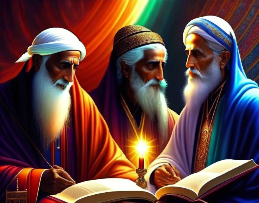 Three bearded men in traditional robes studying illuminated text by candlelight