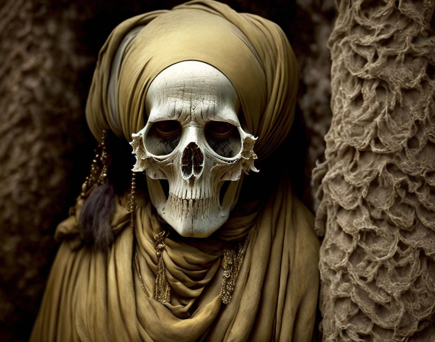 Elaborately dressed figure with skull-like headdress on textured background