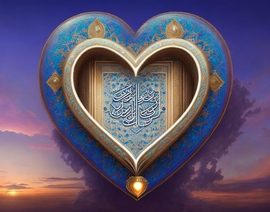 Heart-shaped Islamic art with Arabic calligraphy on twilight sky background