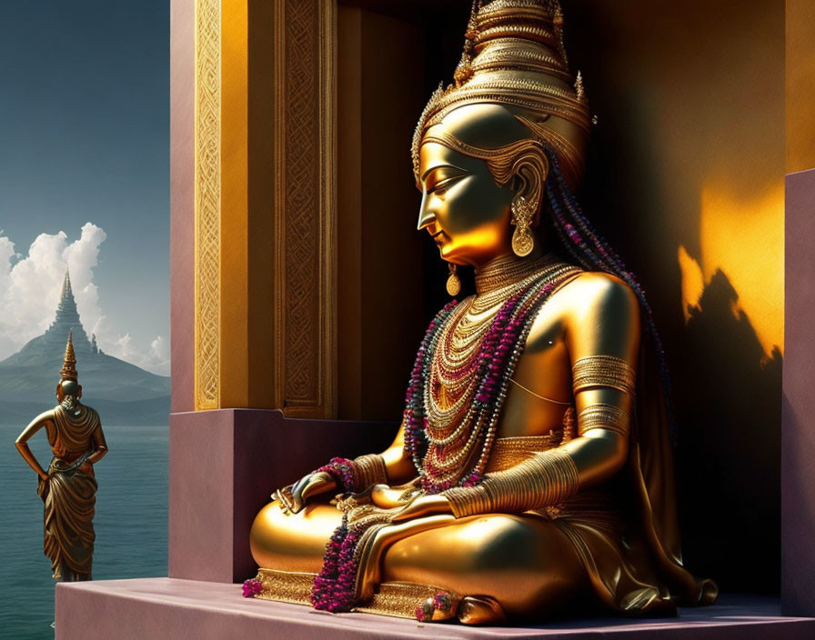 Golden statue in traditional Indian attire with mountain backdrop at sunset