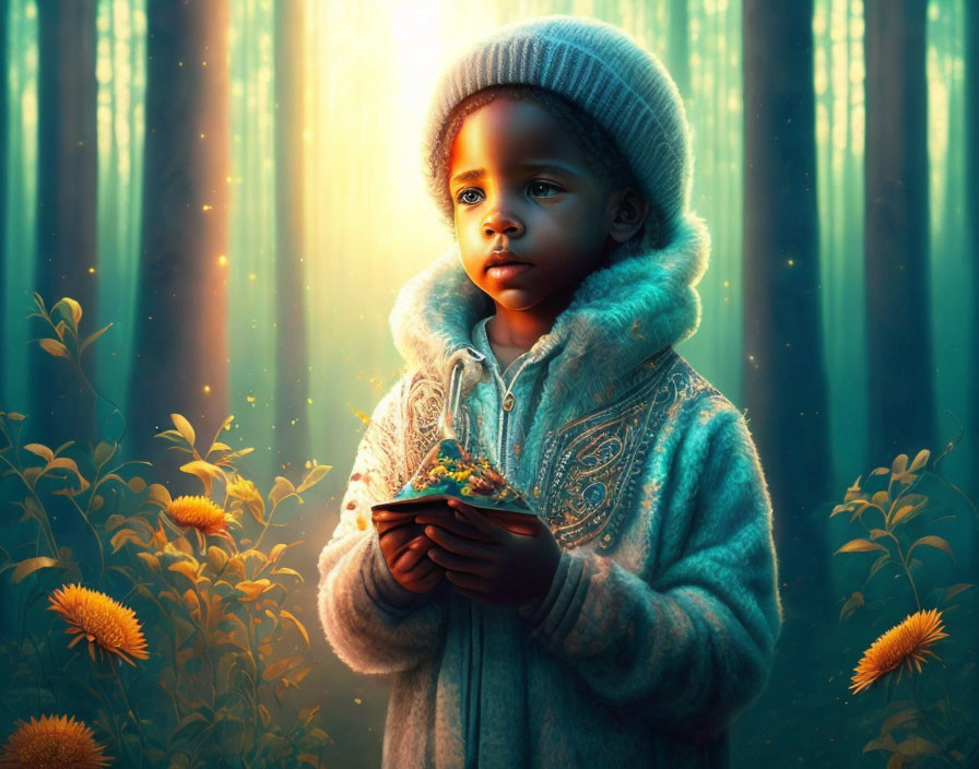 Child in Knitted Cap and Jacket Holding Flowers in Sunlit Forest