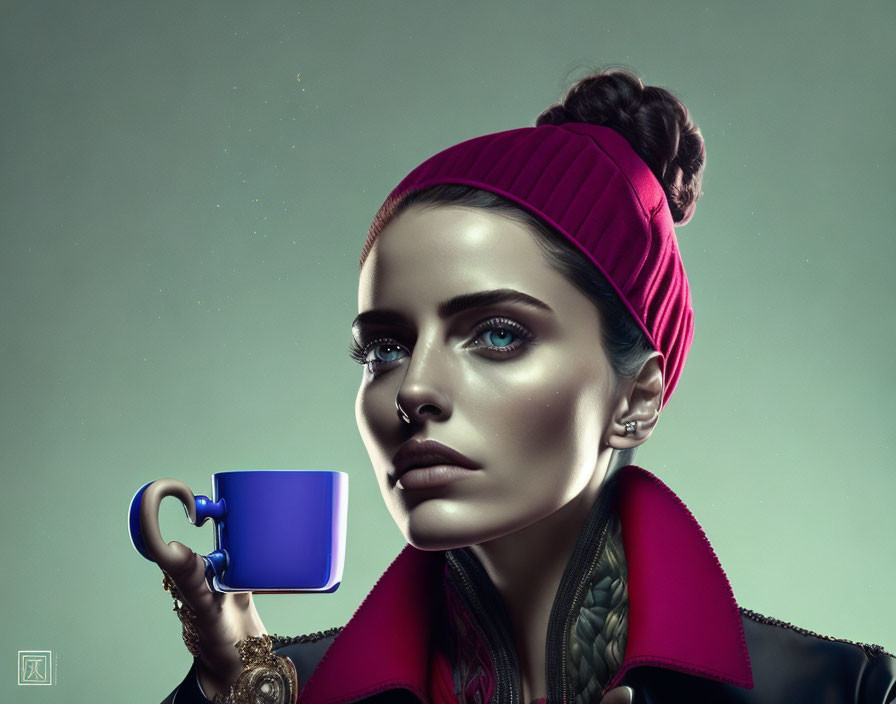 Stylized image of woman with pink beanie, blue eyes, holding mug, tattooed skin