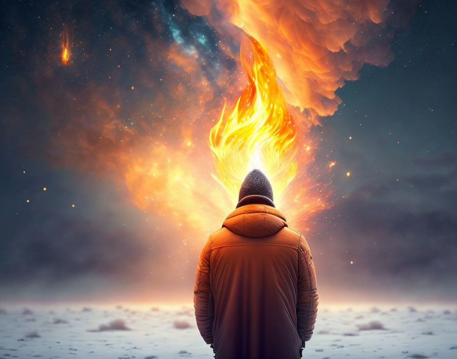 Person in winter coat gazes at fiery phoenix in starry sky