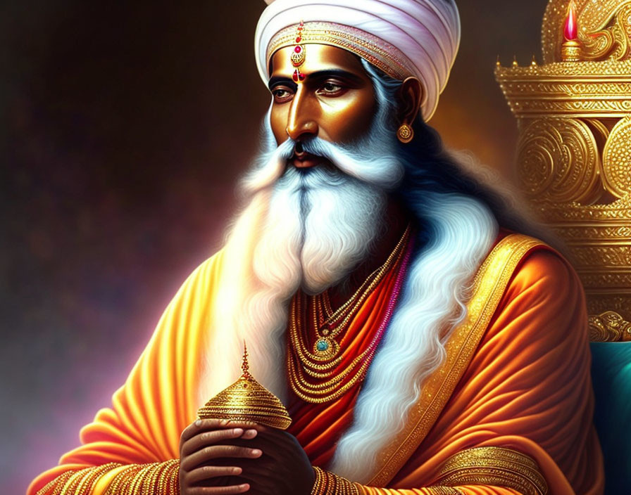 Regal man with long white beard in golden turban and robe.