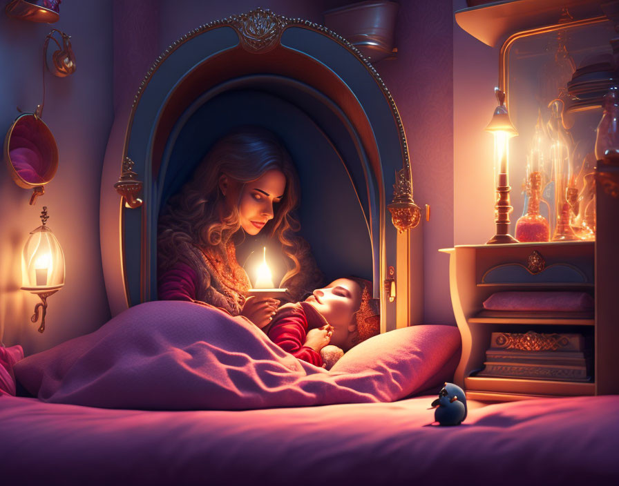 Mother tucks child into bed with lit candle in cozy room