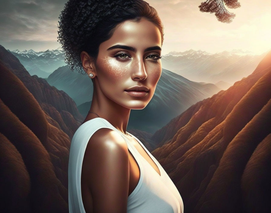 Digital portrait of woman with short black hair in white top against mountainous backdrop