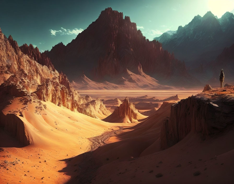 Solitary figure in vast desert landscape with dunes and mountains