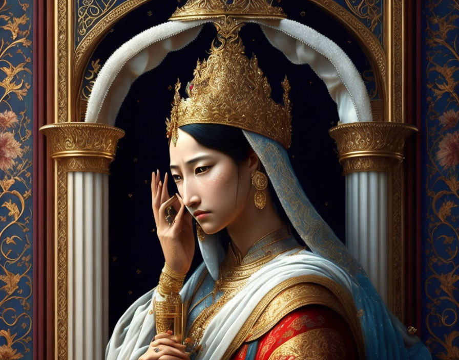 Regal woman in golden crown and blue attire against luxurious backdrop