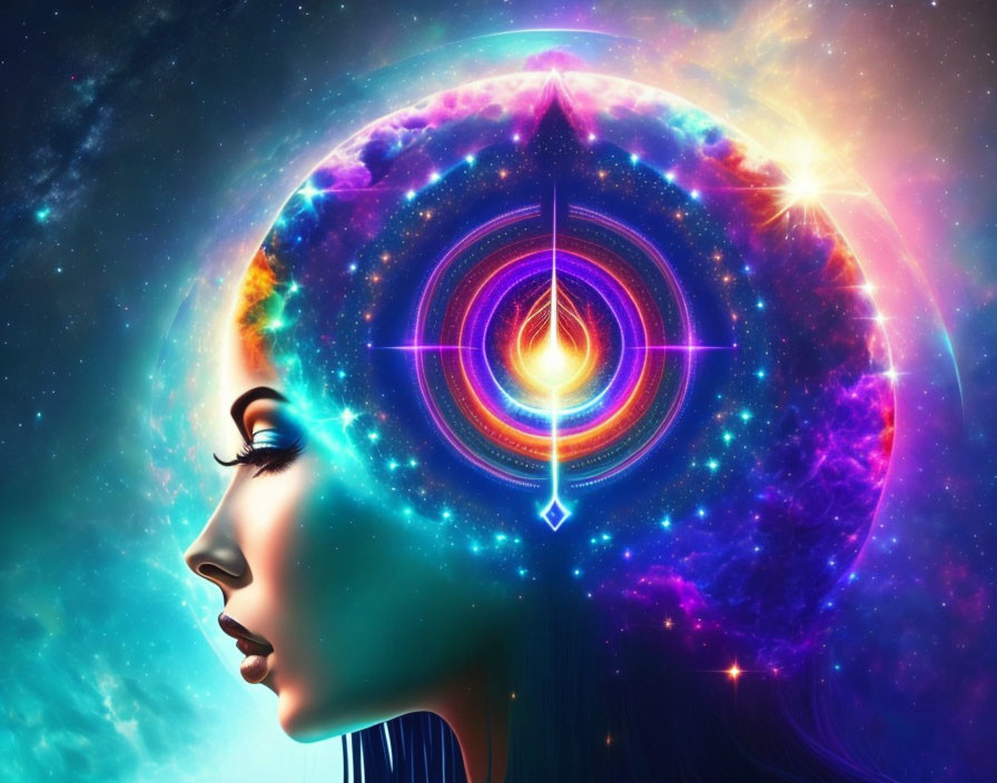 Colorful digital artwork of woman's profile with cosmic theme, celestial bodies, radiant colors, and geometric